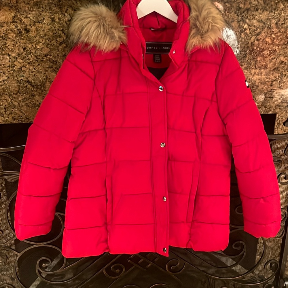 Red Tommy Hilfiger brand new  coat fur hood
